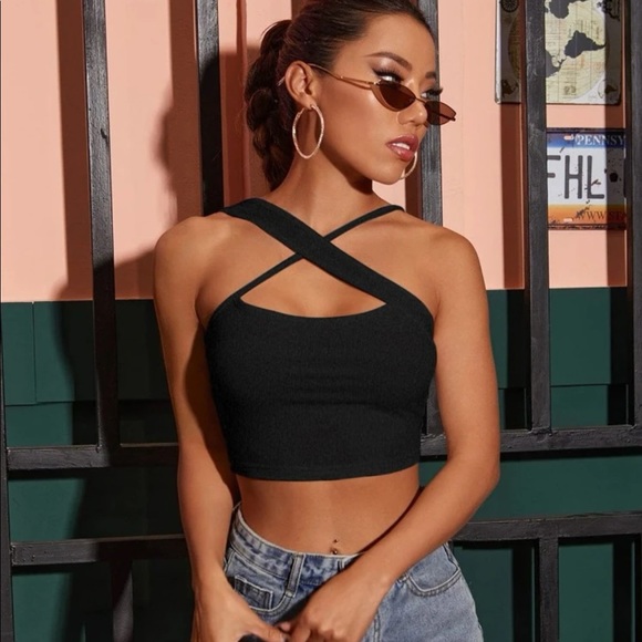 SHEIN | Tops | Shein Black Criss Cross Front Halter Crop Tank Top | Poshmark
